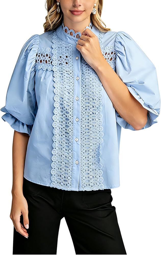 Esmeling Women Lace Embroidered Eyelet Top Mock Neck Puff Ruffle Sleeve Shirt Hollow Out Button D... | Amazon (US)