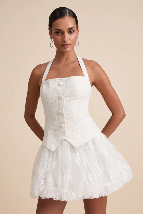 Ottoline Ivory Mixed-Media Bubble-Hem Halter Mini Dress | Lulus