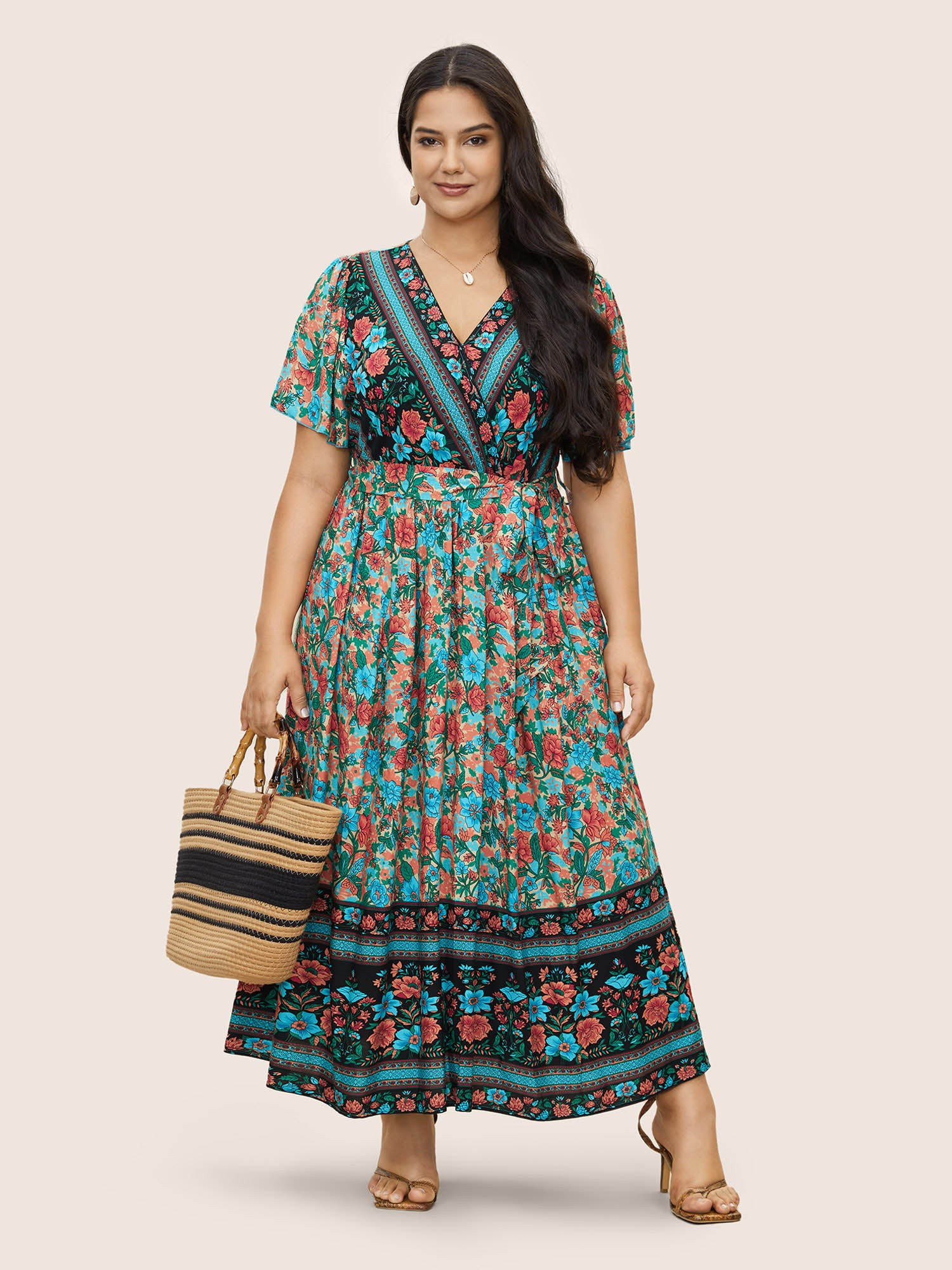 Bandana Surplice Neck Pocket Belted Flutter Hem Maxi Dress | Bloomchic