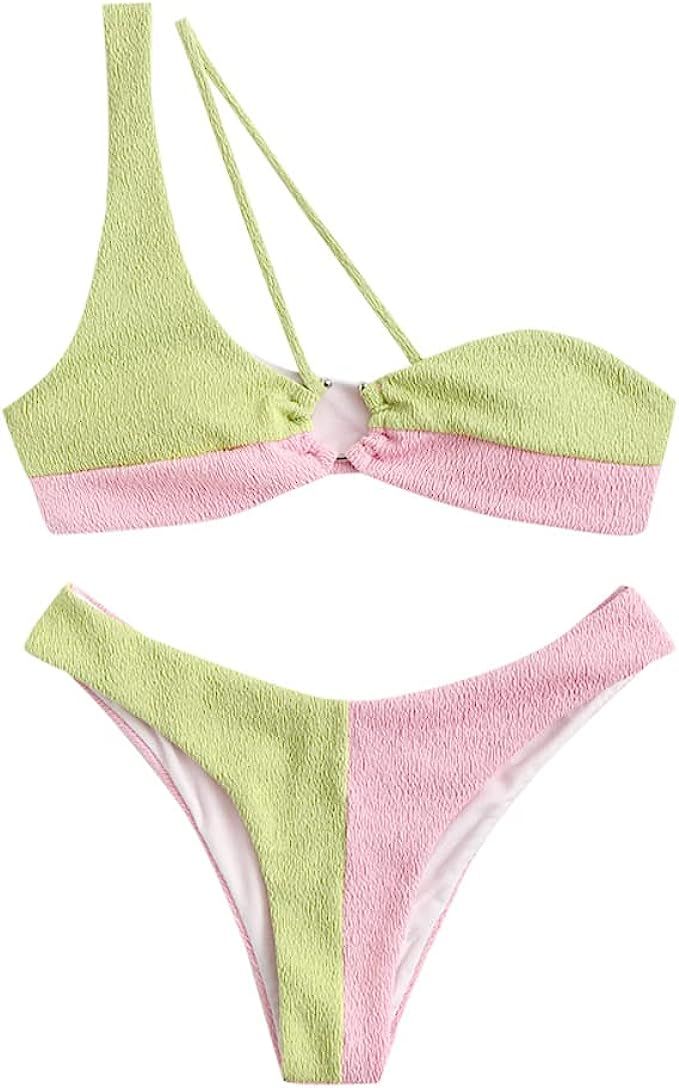 ZAFUL Women's Textured One Shoulder Two Tone Cheeky Two Piece Bikini Set Swimwear | Amazon (US)