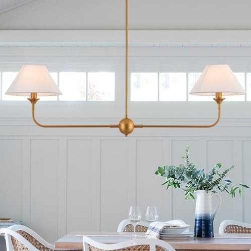 Modern Linear Chandeliers for Dining Room, Gold Island Light Fixtures with Off-White Fabric Shade... | Amazon (US)