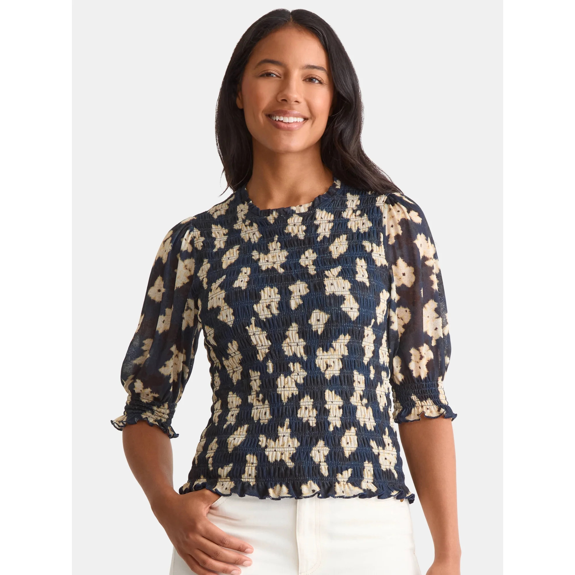 Time and Tru Women's Smocked Mesh Top, Sizes XS-XXXL | Walmart (US)