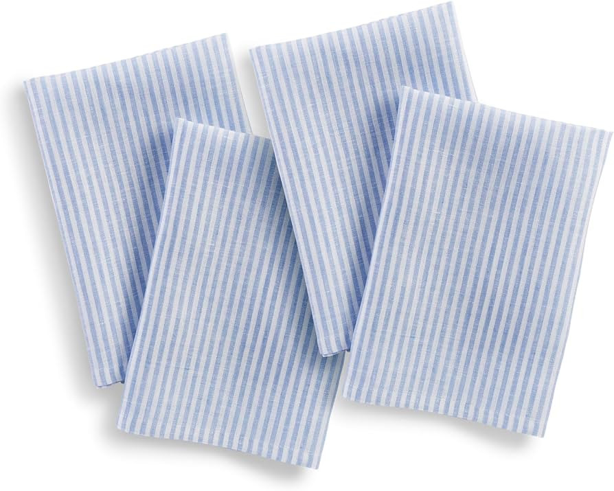 Solino Home 100% Pure Linen Napkins Set of 4 - Narrow Stripe Cornflower Blue and White Cloth Dinn... | Amazon (US)