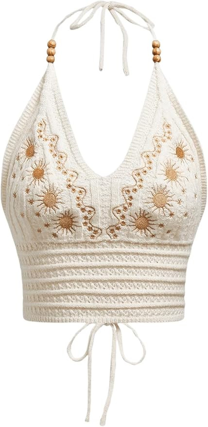SHENHE Women's Open Back Knitted Halter Crop Top Tie Backless Embroidered Hippie Top | Amazon (US)