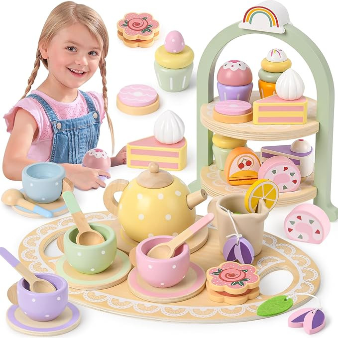 Lonico Wooden Tea Party Set for Little Girls Toddler Tea Set with Cupcake Stand & Food Dessert, P... | Amazon (US)