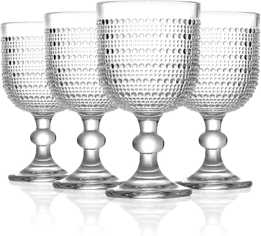 12 oz Clear Vintage Hobnail Wine Glasses Set of 4, Embossed Goblet Drinking Glasses, Retro Stemme... | Amazon (US)