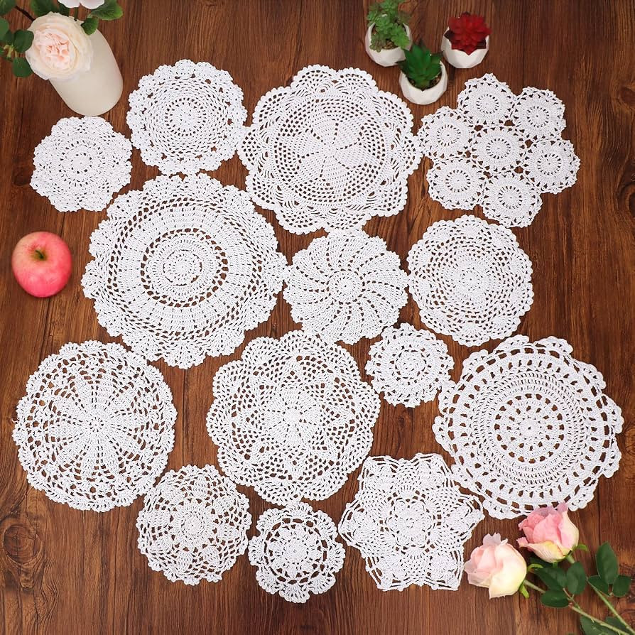 kilofly 14 pcs Cotton Crochet Coasters Doilies 4"-11.8" Handmade White Beige Placemats | Amazon (US)