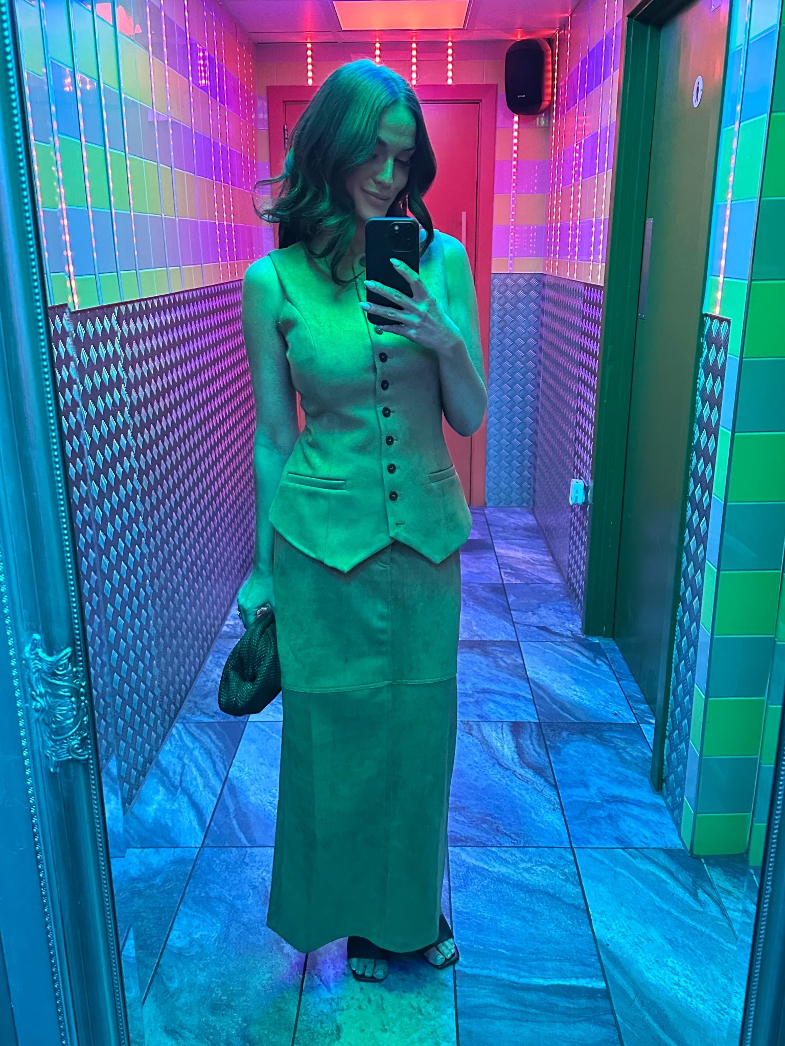 Faux suede, tan, longline waistcoat with matching colours midaxi skirt. 

#LTKstyletip #LTKuk #LTKspring