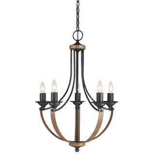 Sea Gull Lighting Corbeille 5-Light Weathered Gray and Distressed Oak Contemporary Farmhouse Hang... | The Home Depot
