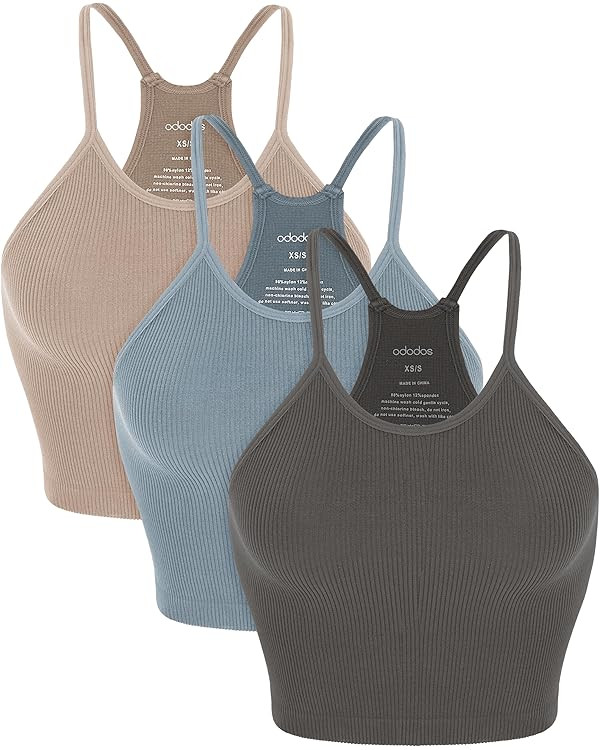 ODODOS Women's Crop 3-Pack Seamless Rib-Knit Camisole Crop Tank Tops | Amazon (US)