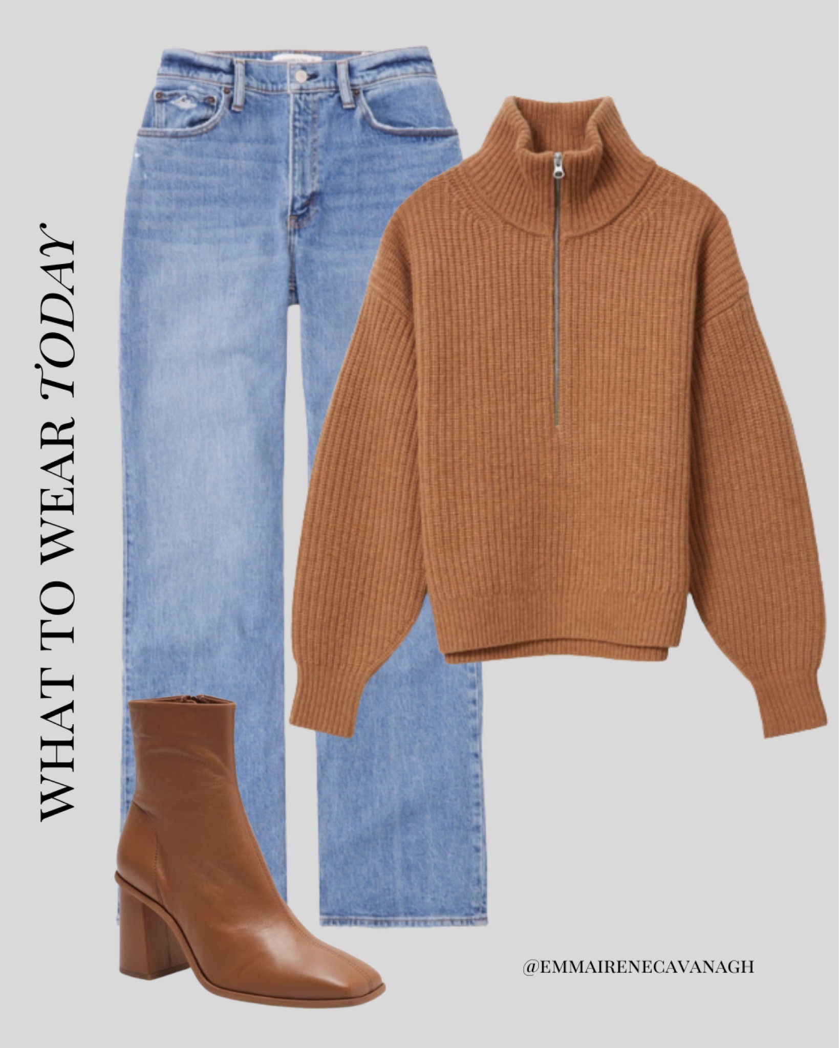Fall outfit idea. Brown zip up sweater, straight leg denim, brown square toe ankle boots. #brownsweater #jeans #brownboots 

#LTKSeasonal #LTKHoliday #LTKunder100