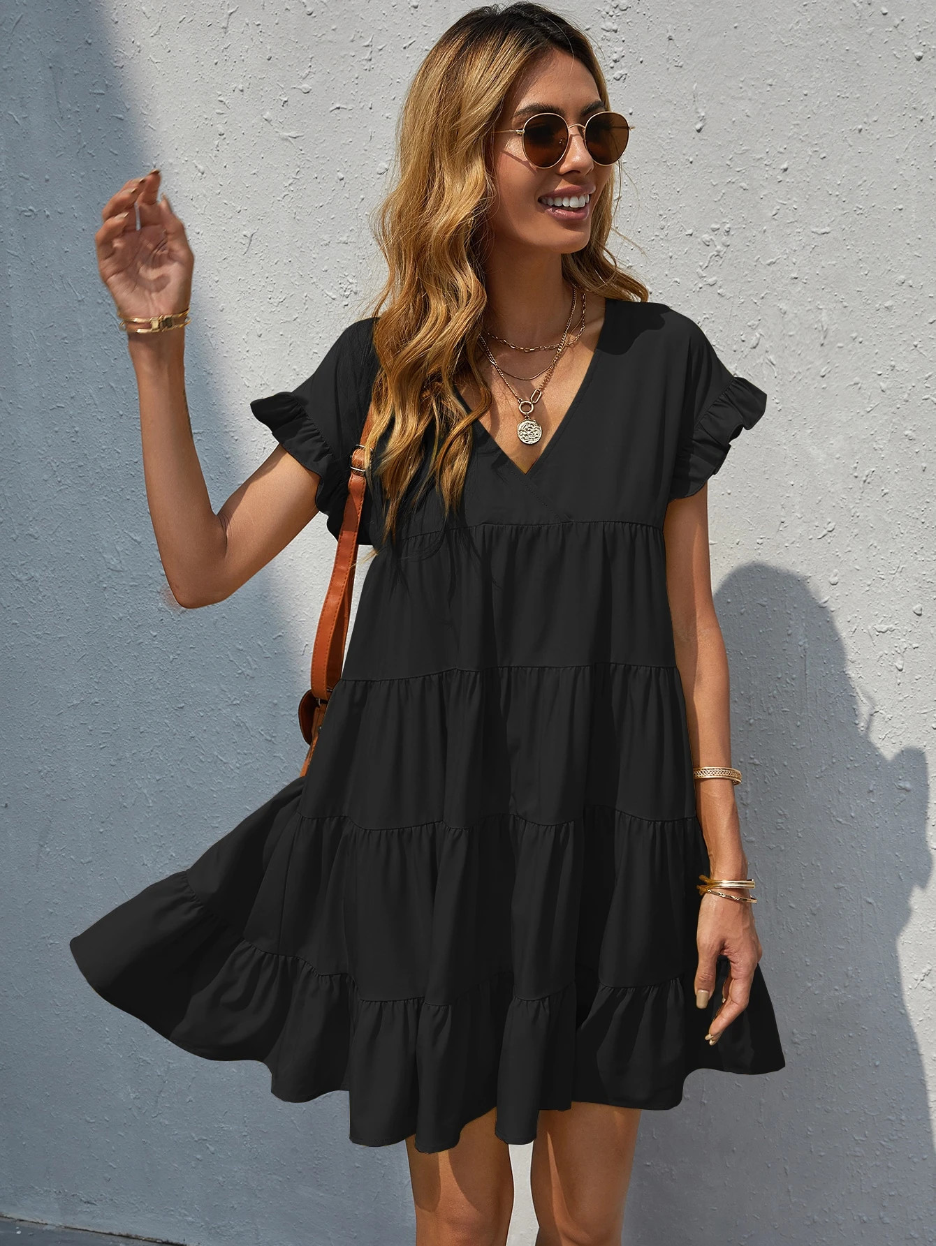 Ruffle Cuff Flounce Hem Smock Dress | SHEIN