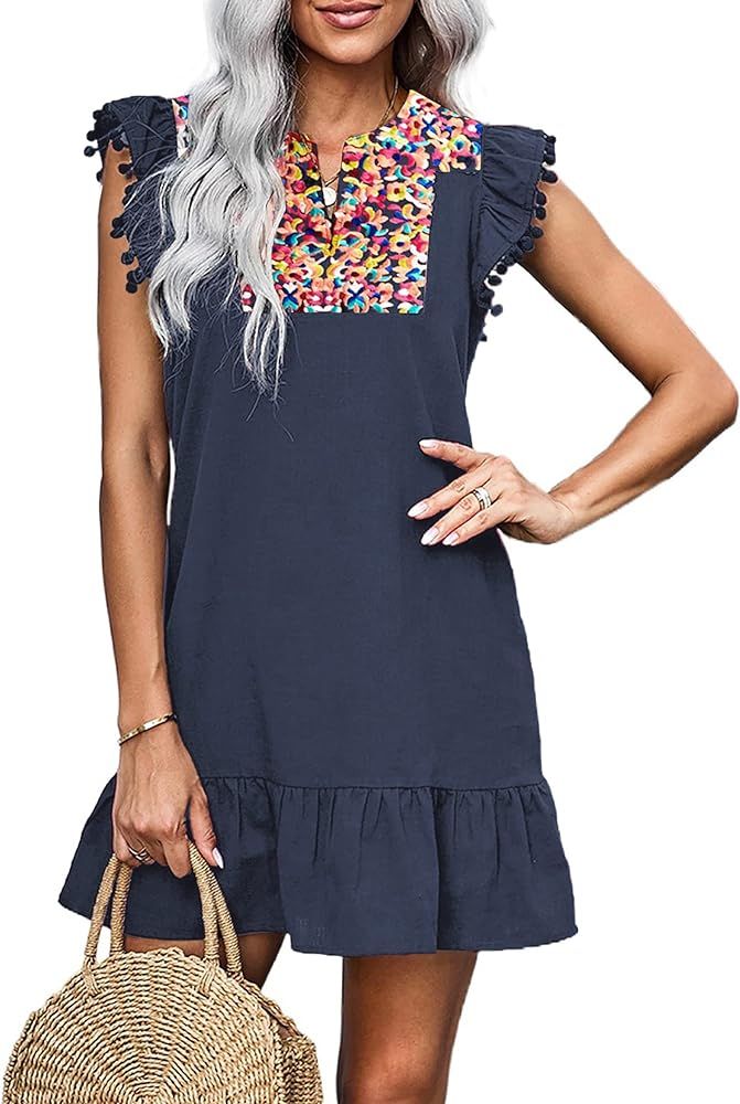 KIRUNDO Women's Summer Mini Dress Casual V Neck Floral Embroidery Ruffle Sleeveless Shift Dress Flow | Amazon (US)