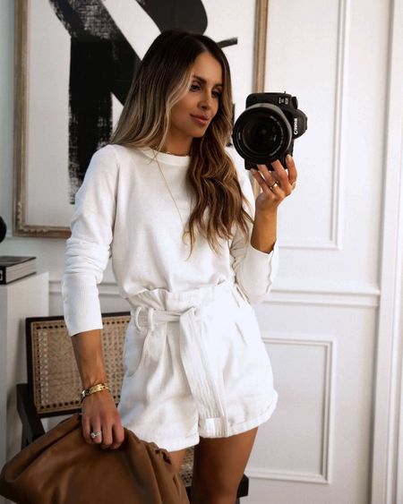 Spring outfit ideas
White crew neck sweater
White paperbag shorts
All white outfit 

#LTKunder50 #LTKstyletip #LTKunder100