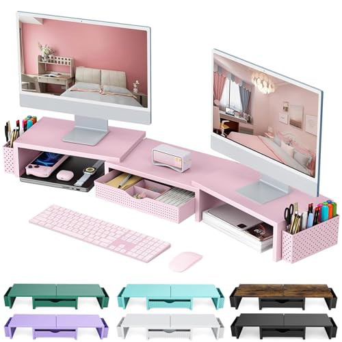 gianotter Dual Monitor Stand Riser, Desk Organizer With Drawer and 2 Pen Holders,Desk Organizers and Accessories, Pink Office Supplies (Pink) | Amazon (US)