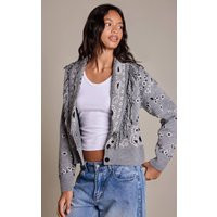 Grey Paisley Print Fringe Detail Button Knit Cardigan Sweater | PrettyLittleThing US