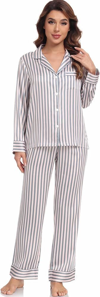 Serenedelicacy Women's Satin Pajama Set Long Sleeve Button Down Sleepwear 2-Piece Striped Silky P... | Amazon (US)