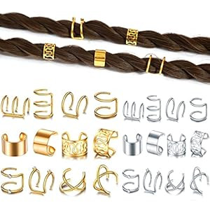 24 Pcs Gold Silver Hair Braids Dreadlock Non-Piercing Ear Clip Beard Beads Cuffs Clip Hair for Wo... | Amazon (US)