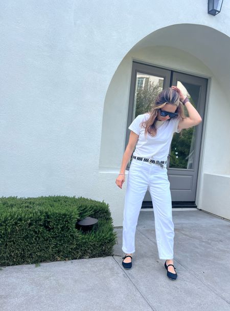 White on white, perfect white T-shirt, all white outfit, French girl aesthetic, French girl outfit, cool Mom style, cool mom outfit, over 40 style, 40 outfit, Mom uniform, Mary Jane flats, summer flats, ballet flats 

#LTKMidsize #LTKFindsUnder100 #LTKShoeCrush