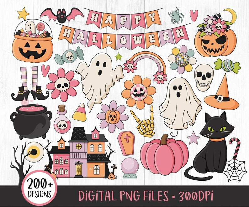 Retro Halloween Pink Clipart, Cute Groovy Halloween Clipart Spooky, Witch, Pumpkin, Ghosts, Candy... | Etsy (US)
