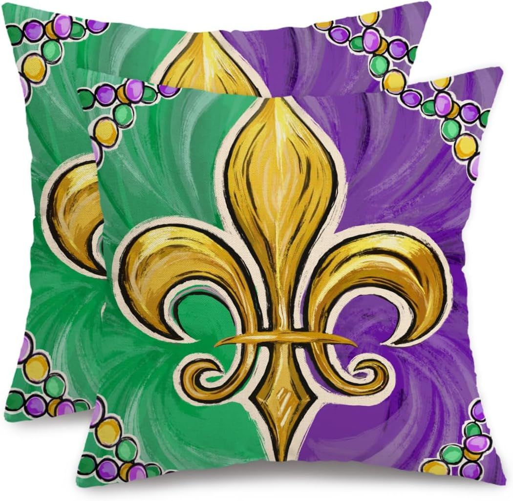 AACORS Mardi Gras Pillow Covers 18X18 Inch Set of 2,Fleur De Lis Beads Decor Holiday Farmhouse Pi... | Amazon (US)