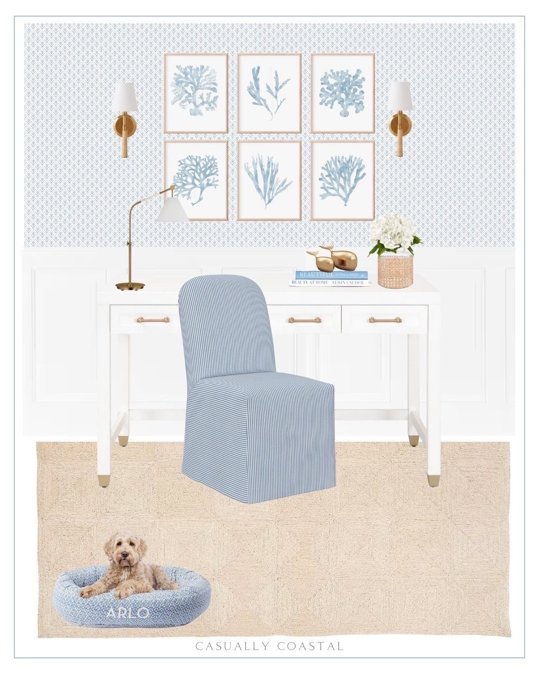 Women’s Home Office design! 
——-
Coastal home office, coastal home decor, coastal rug, coastal desk, coastal desk chair, wayfair desk, white desk, slipcover dining chair, striped chair, Etsy wall art, coastal artwork, geometric floral scallop wallpaper roll, coastal wallpaper, wayfair wallpaper, rattan sconce, rattan torchiere wall sconce, Serena & lily rug, coastal rug, office rug, neutral rug, 6x9 rug, 8x10 rug, 9x12 rug, 11x14 rug, jute area rug, glass vase, white hydrangeas, lychee figurines, coastal book, metal arched lamp, round dog bed, coastal dog bed, scallop rattan accent wall mirror, Amazon mirror, wainscot panel, slipcover dining chair, home office decor, blue & white home decor, beach house office, beach house decor

#LTKHome
