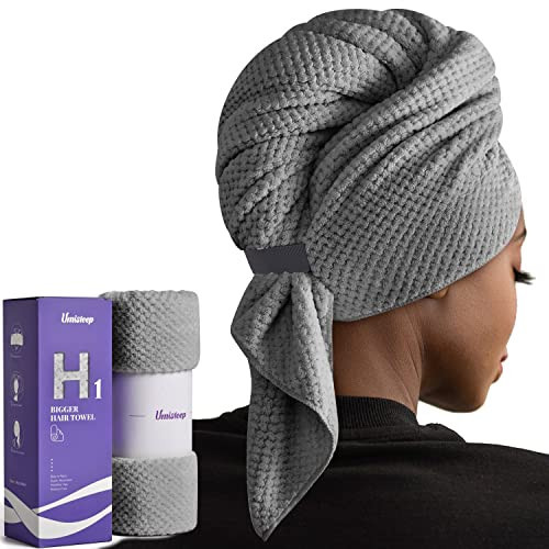 Umisleep Extra Large Microfiber Hair Towel for Women Long, Curly, Thick Hair, Super Soft Anti Frizz Quick Dry Hair Towel Wrap, Ultra Absorbent Hair Turban with Elastic Band Grey | Amazon (US)