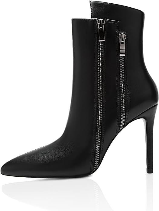 Women's Fashion Black Leather Ankle Boots With Heel 3.94'' Sexy Pointed Toe High Stiletto Booties | Amazon (US)