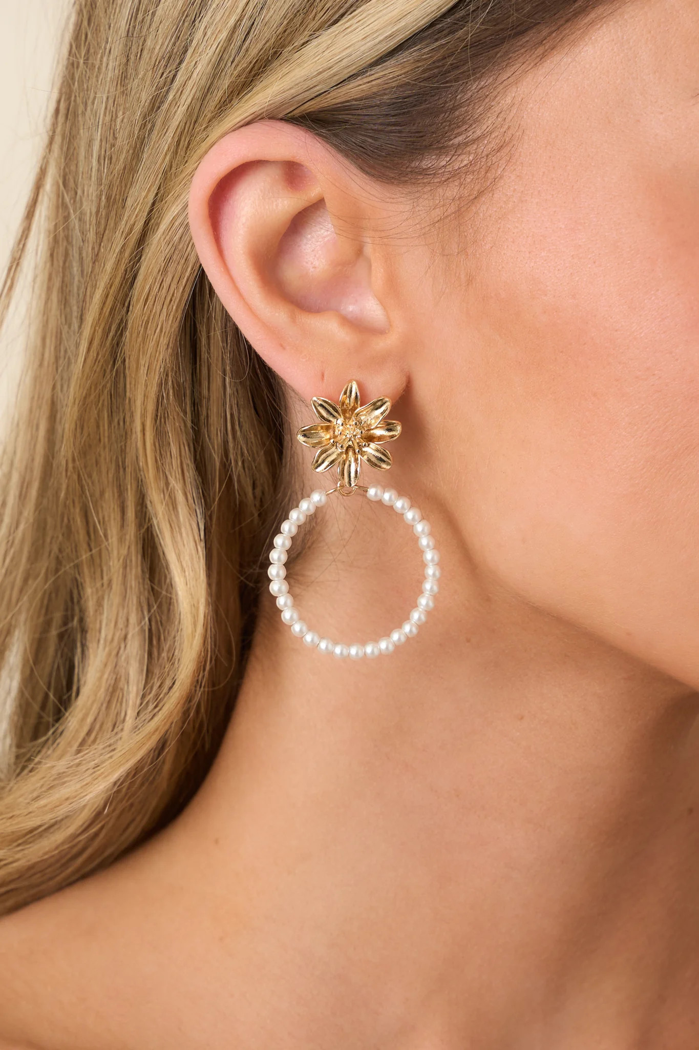 Forever Flower Child Gold Floral & Pearl Beaded Hoop Earrings | Red Dress