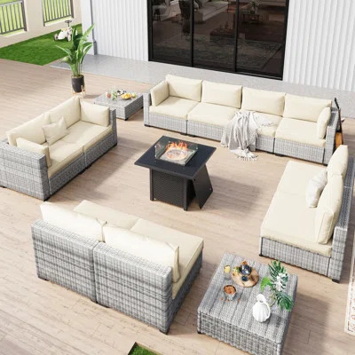 No-Assembly Chairs, 10-Person Patio Furniture Set Durable Wicker Outdoor Sectional Seating Group Outdoor Conversation Sofa With Fire Pit | Wayfair North America