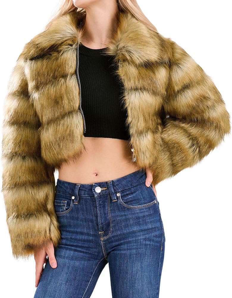 loveimgs Women Fluffy Faux Fur Coat Cropped Jacket Puffer Jacket Zip Up Winter Warm Fuzzy Teddy J... | Amazon (US)