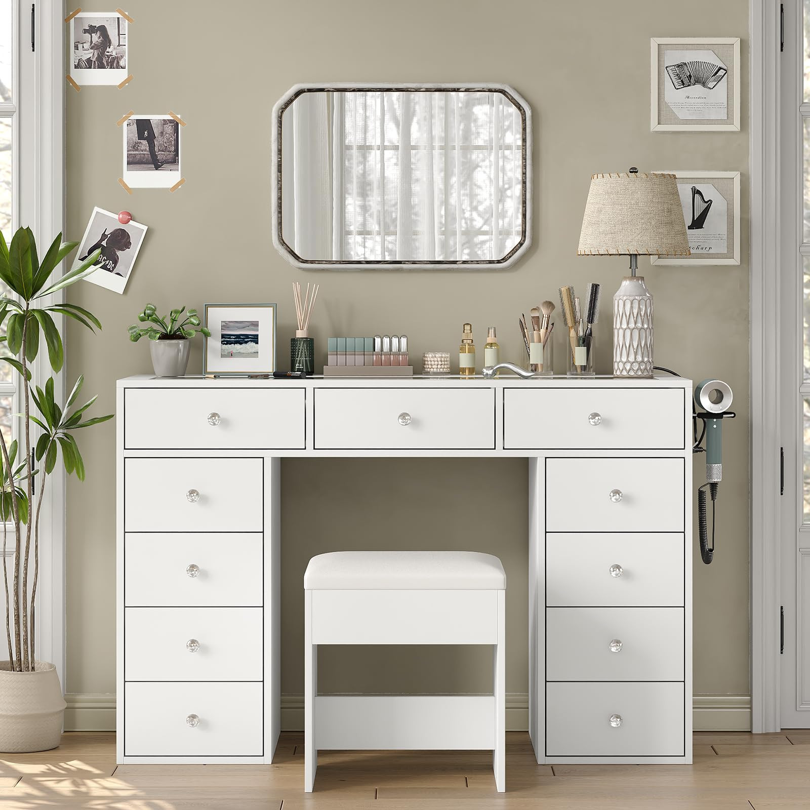 Vanity Desk Without Mirror, Makeup Vanity with 11 Drawers and Charging Station, White Vanity with... | Amazon (US)