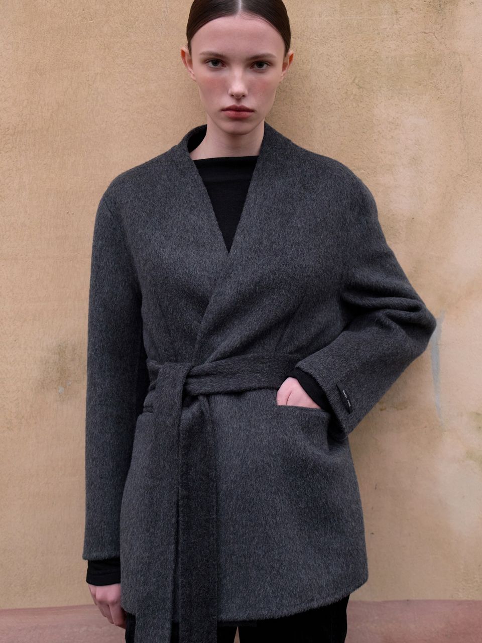 Handmade Wool Belted V-Neck Half Coat OU1235 | W Concept (US)
