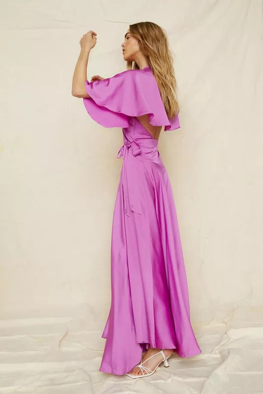 Satin Angel Sleeve Wrap Maxi Dress | Nasty Gal (US)