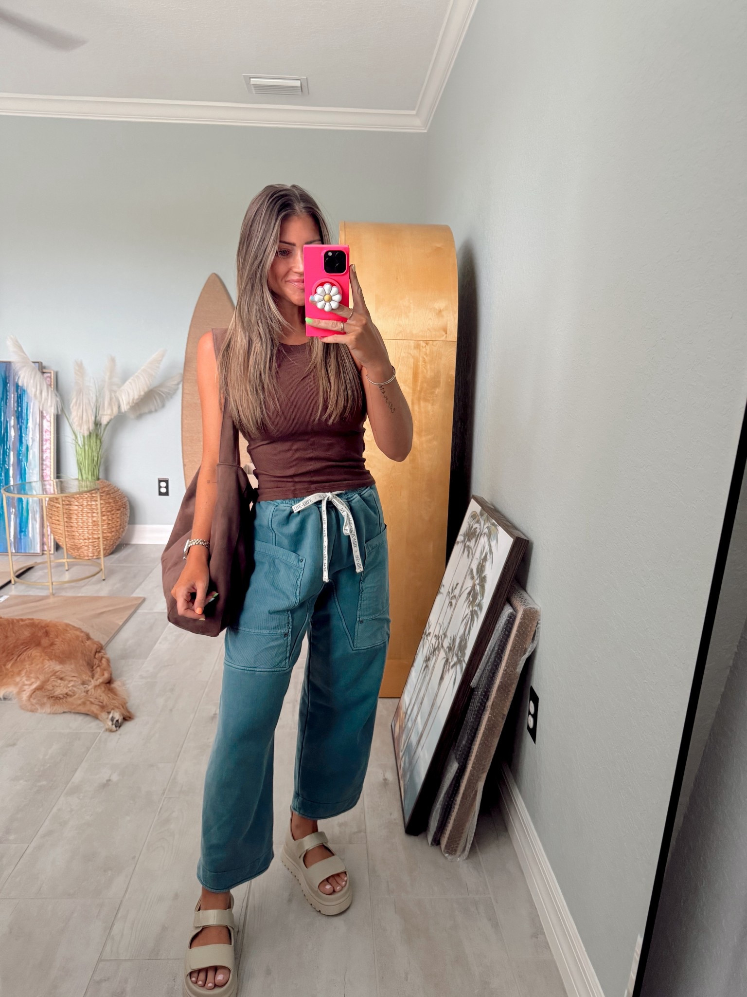 Small tank. Bra built in!!!! XS pants. Size down! They run so big! They are actually a really heavy material and some of my fave pants in my entire closet. Soo good for transition! Cute with anything!