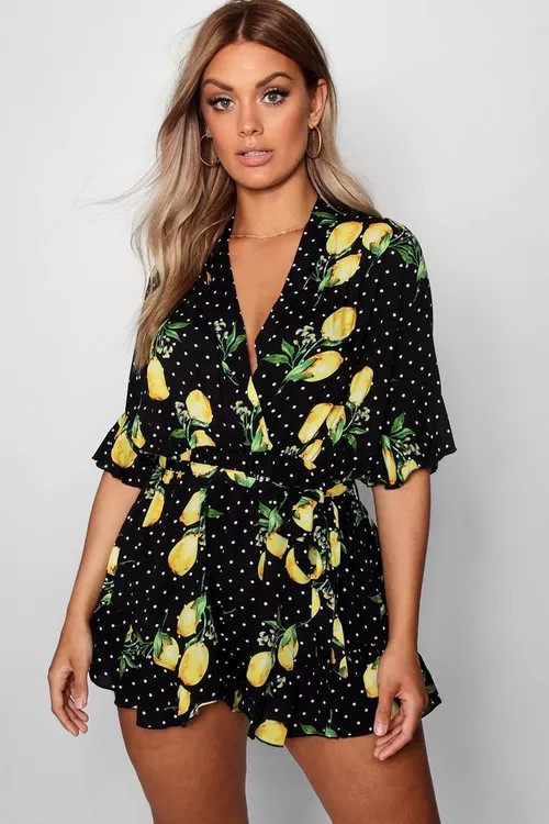 Plus Lemon Polka Dot Wrap Ruffle Playsuit | Boohoo.com (UK & IE)