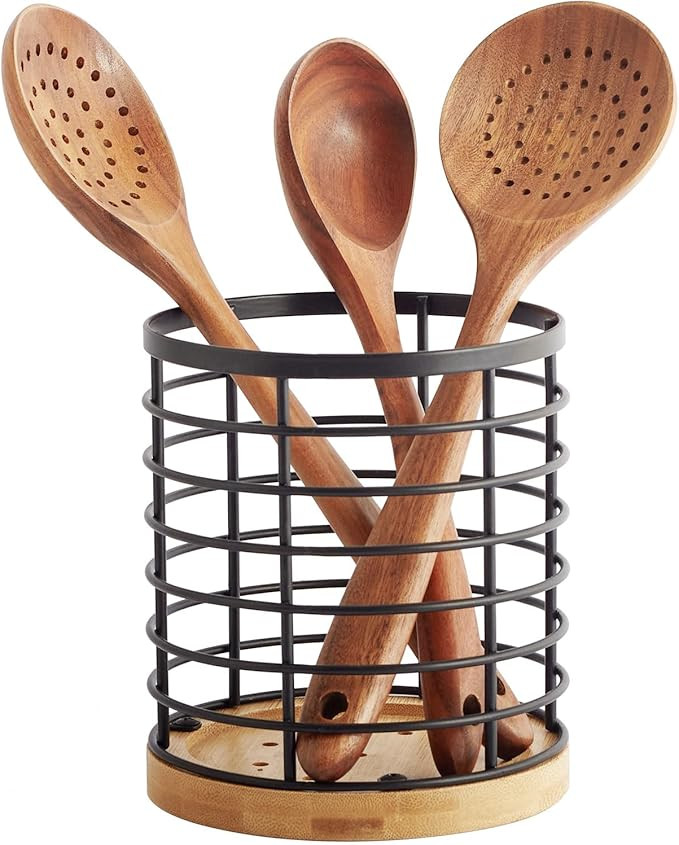 WDT Tool Utensil holder for Kitchen Counter - 5.2" x 5.2" x 6" Large Round Utensils Holder with W... | Amazon (US)