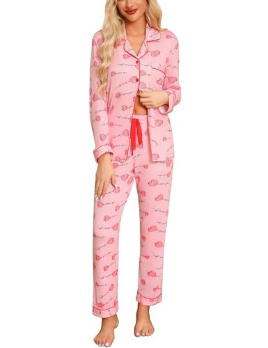 Anjue Sleepwear Women's Knit Long Pajama Set With Pants Cooling Pajamas for Night Sweats Bridesmaid Pjs(Pink Heart,XL) | Amazon (US)