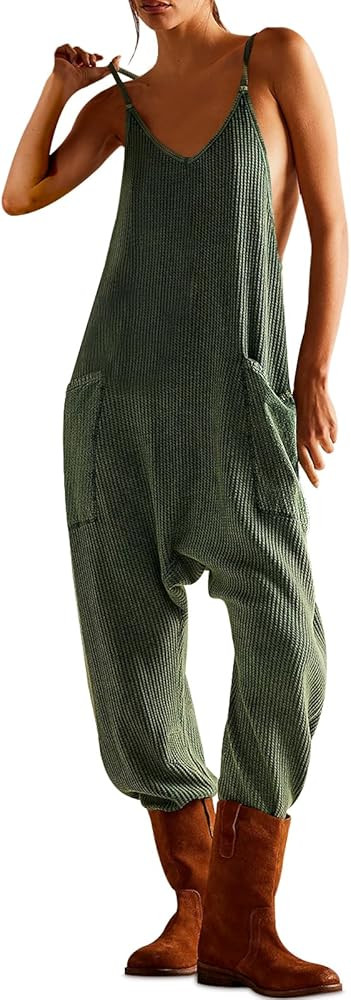 Women's Sleeveless Jumpsuits Casual Waffle Knit Rompers V Neck Loose Overalls Spaghetti Strap One... | Amazon (US)