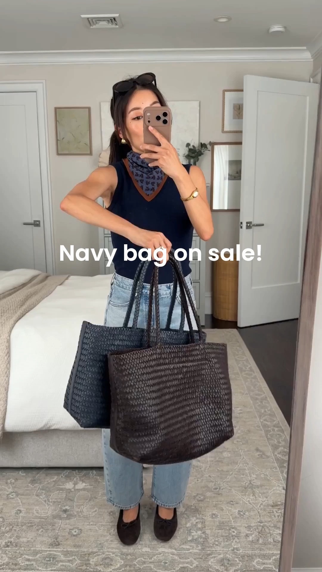 Navy tote on sale this weekend with code LONGWEEKEND
• Woven leather tote - My favorite work / mom / travel bag that fits my laptop and much more. 
• Barrel leg jeans 24 short, mid-rise relaxed fit, perfect length for petites 
• Cotton shell tank XXS 
• Cotton bandana 
• old ballet flats 5.5 
• Oval sunglasses 

Everyday bag, bags for errands, petite friendly jeans, easy mom outfit

#LTKPetite #LTKTravel #LTKmomlife