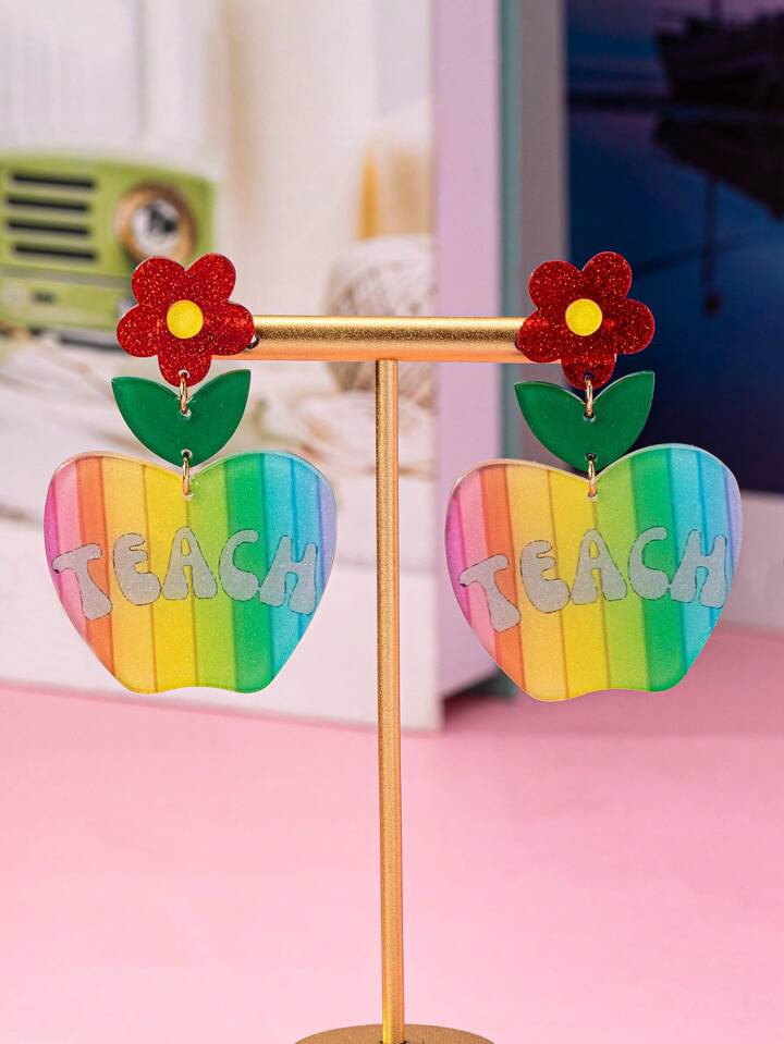 1pair Teacher's Day Earrings Acrylic Rainbow Apple Printed Daily Fashion Accessory, Women's Gift ... | SHEIN