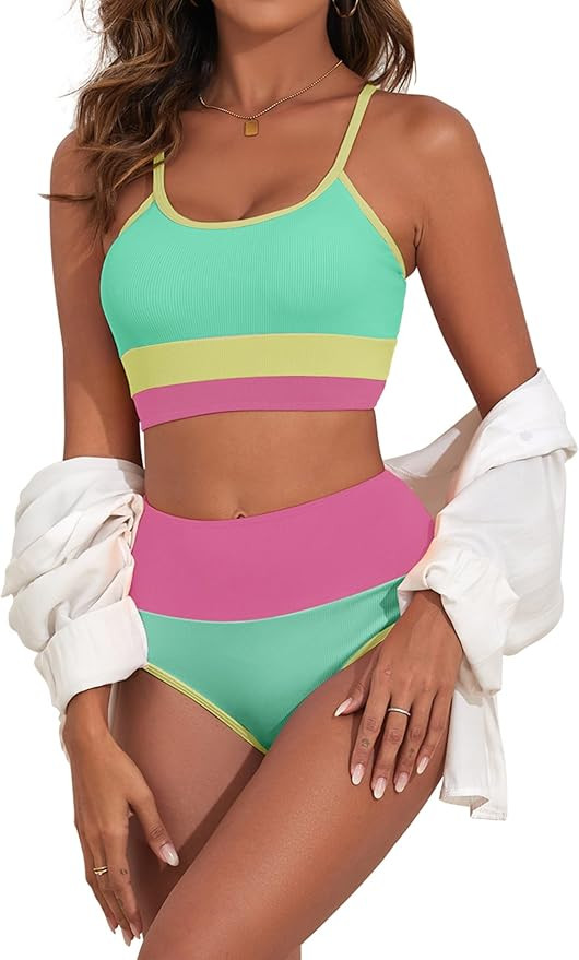 Adisputent Womens High Waisted Bikini Set Color Block Ribbed Crop Top Sporty Swimsuits Tummy Cont... | Amazon (US)