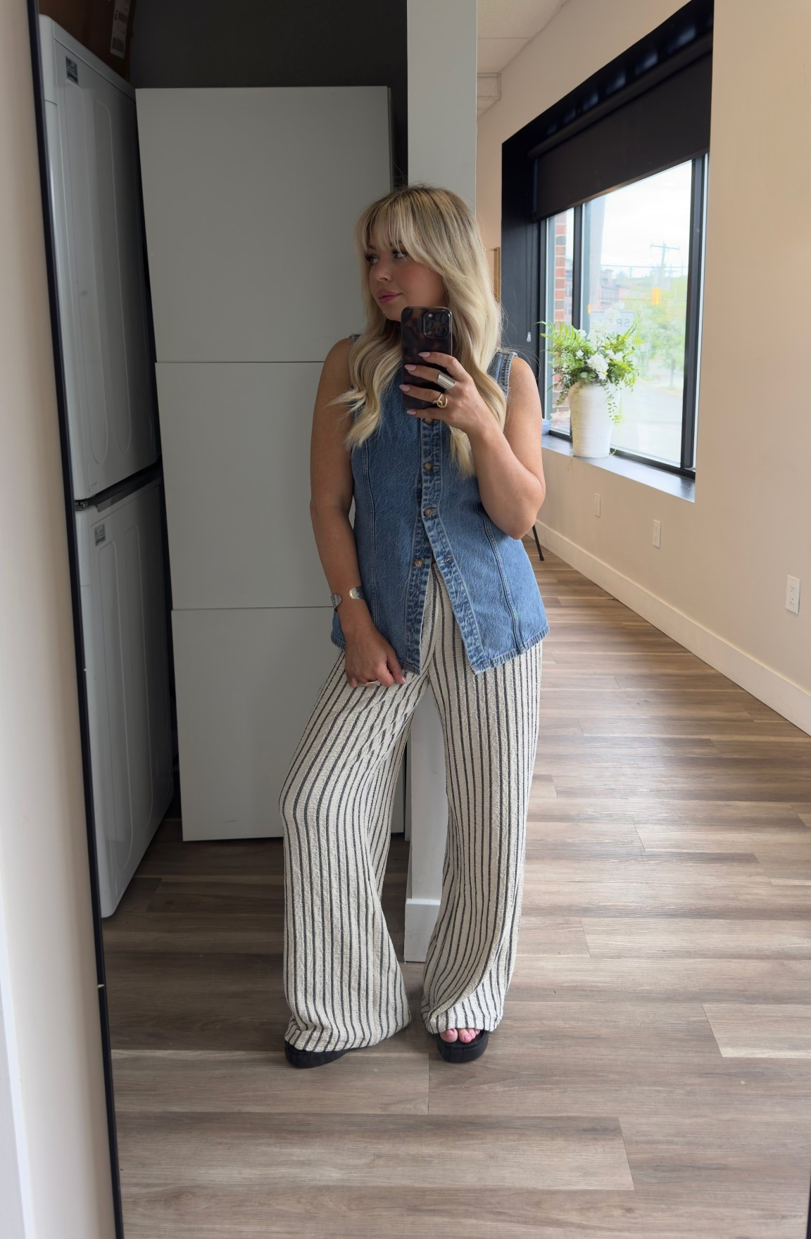 Vest is size small (linked same one in dark denim and similar below) 
Pants are size medium linked exact ones but they come in different colors 
Back platform flip flops size 7