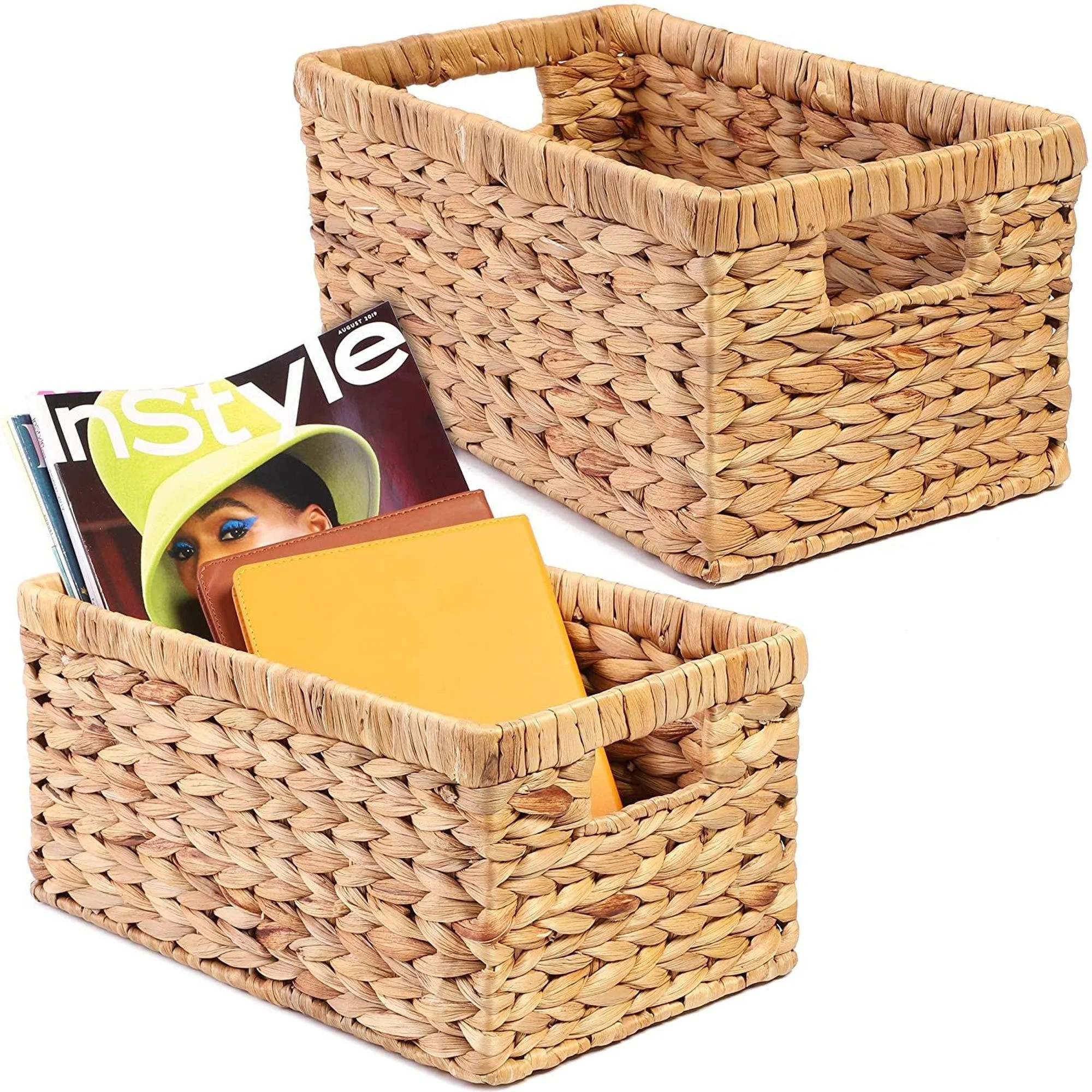 2-Pack Water Hyacinth Hand-woven Rectangular Wicker Storage Basket Bin with Handles, Natural Brow... | Walmart (US)