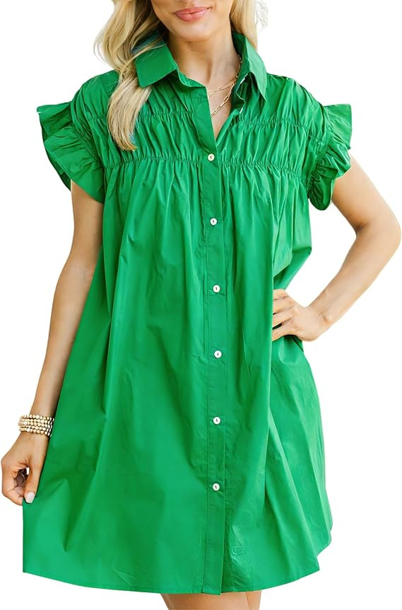 Women's Ruffled Short Sleeve Mini Dress Ruched Button Down Collared A Line Summer Shirt Dresses | Amazon (US)