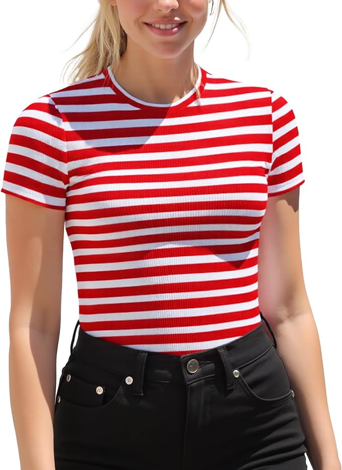 Striped Shirt Women Short Sleeve, Crewneck T-Shirts for Woman Stripes, Fitted Ribbed Tee Stretchy | Amazon (US)