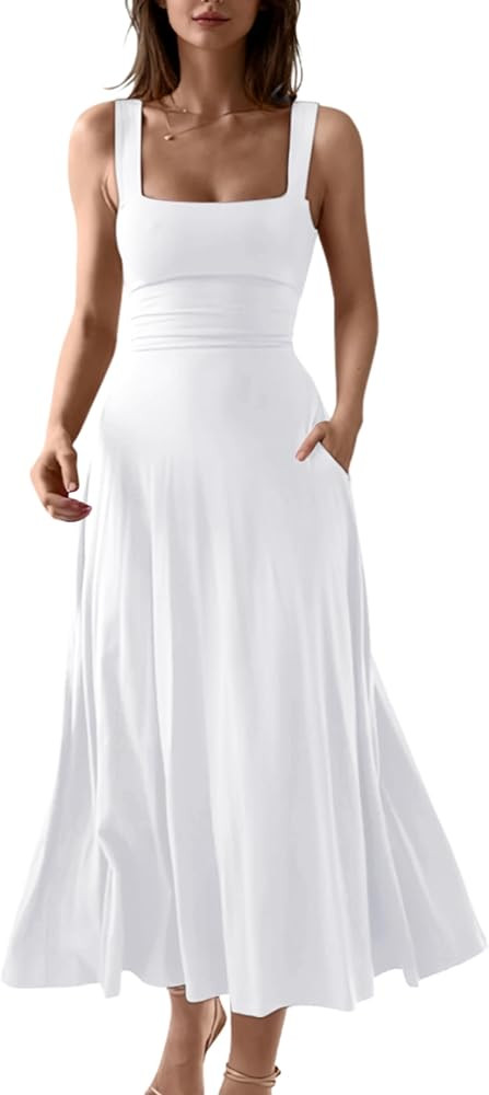 OYS Women's Casual Sleeveless Square Neck A-Line Solid Slim Flowy Long Corset Dress with Pockets | Amazon (US)