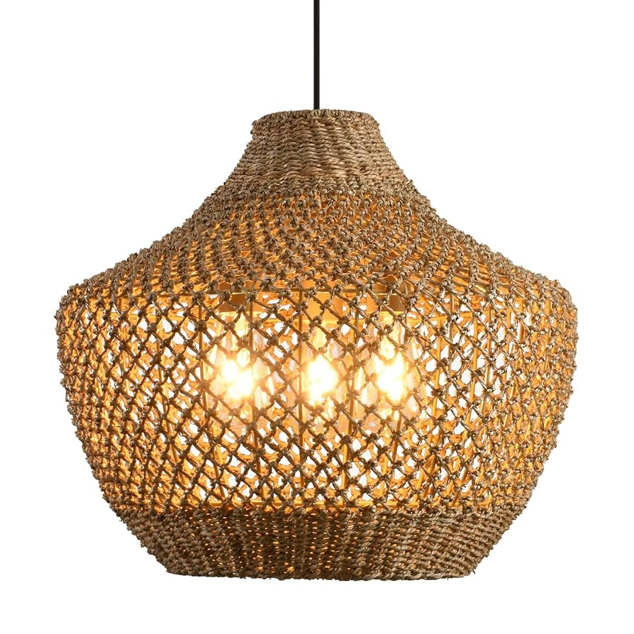Rattan Pendant Light Fixtures,18.9" Boho Rattan Pendant Light,3-Light Hand Woven Seagrass Chandel... | Amazon (US)