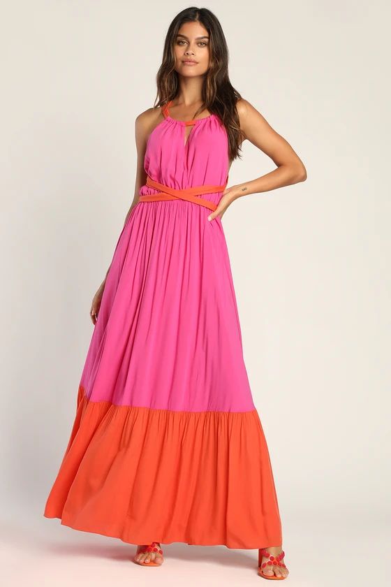 Forever Amazing Hot Pink Colorblock Tiered Halter Maxi Dress | Lulus (US)