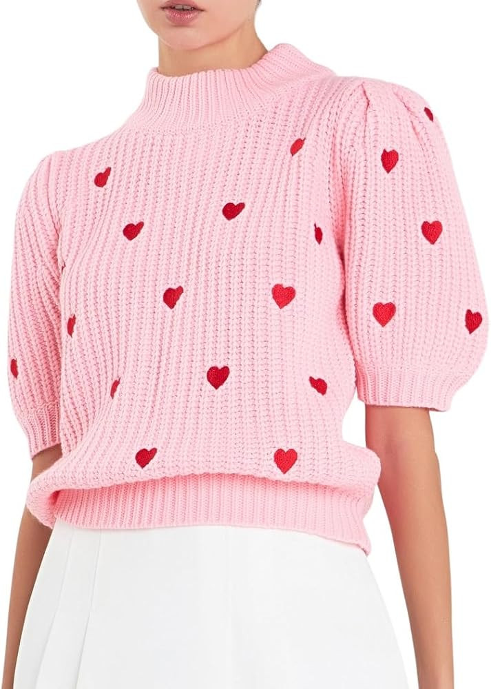 Lordree Women Puff Short Sleeve Sweater Cute Mock Neck Knit Pullover Shirt Heart Knit Sweater Ves... | Amazon (US)